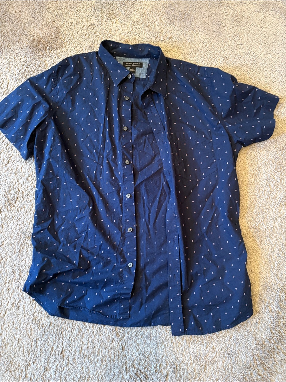 Men's Navy Short-Sleeve Button-Up Shirt with Micro Dot Print